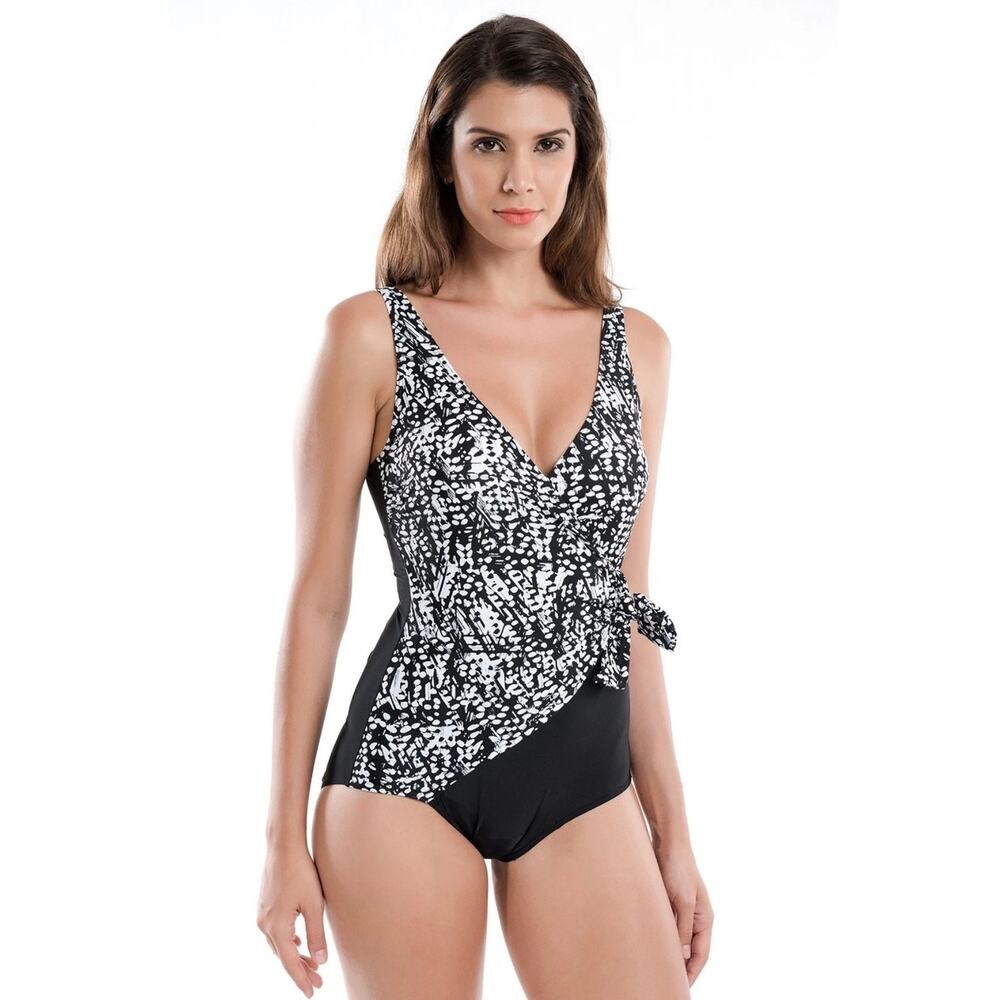 Longitude Inches Away Surplice Tummy Control Swimsuit 22W Black White
